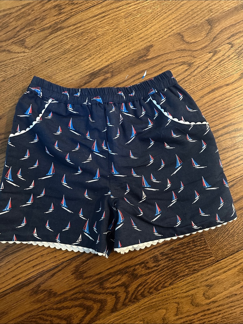 Girls Navy Sailboat Print Shorts with Scalloped Trim
